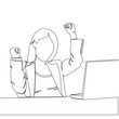 © tiverets - Continuous one single line drawing Happy professional young business woman using laptop computer celebrates success icon vector illustration concept