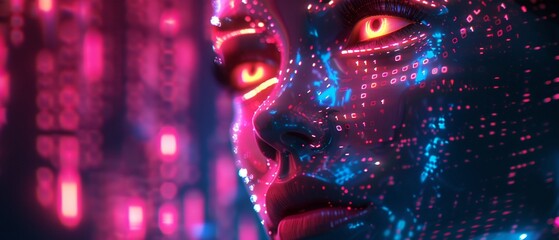 Sticker - Digital face of an AI with glowing binary code, scifi style, vibrant tones, digital art, hightech background 8K , high-resolution, ultra HD,up32K HD