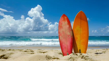 A pair of colorful surfboards propped up in the sand, ready for a day of riding the waves