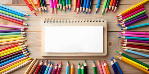 Wall Mural - Open blank notebook surrounded by vibrant colored pencils arranged in a creative layout on a wooden desk with copy space, symbolizing back to school