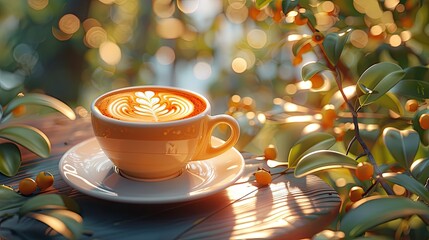 Canvas Print - Generative AI illustration of cup of cappuccino with latte art on saucer on an outdoor table basking in the dappled sunlight through leafy branches 