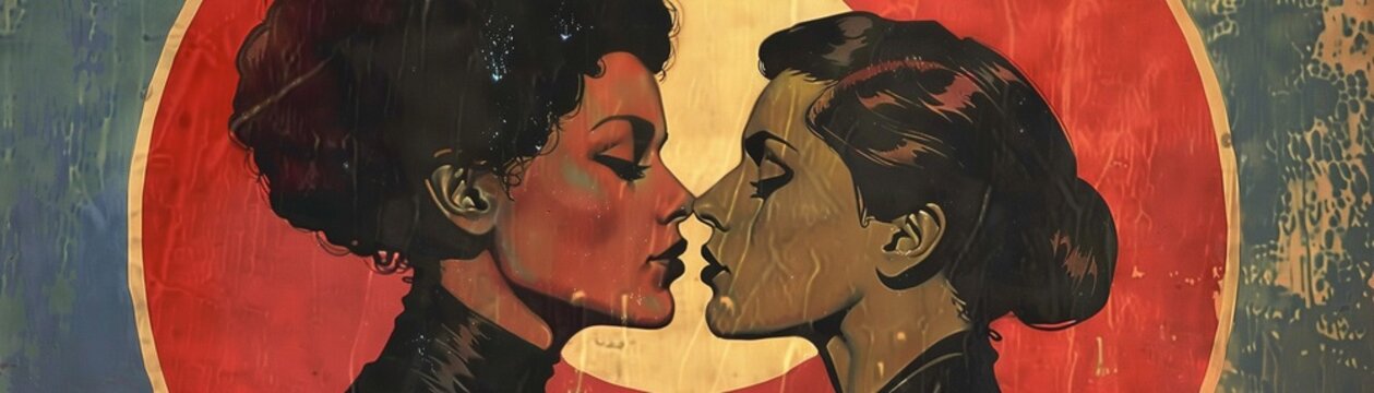 Closeup of two women embracing against a colorful mural, vibrant hues, photorealistic, warm and loving atmosphere