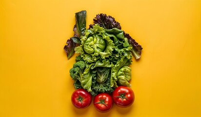 Wall Mural - Fresh vegetables arranged as a house on yellow background, AI-generated.