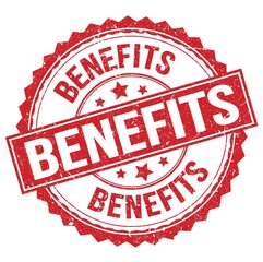BENEFITS text on red round stamp sign