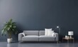 © Sharif54 - The modern living room interior has a sofa, green plants, a lamp, and a table on a dark wall background. 3D render