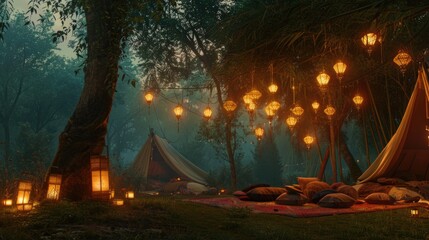 enchanting gypsy camp with lanterns and bamboo canopy