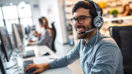 Man wearing headset working in a call center. Customer service and communication concept. Design for poster, banner, and greeting card. Indoor office photography