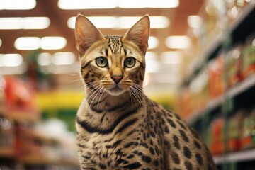 Sticker - Portrait of a funny savannah cat isolated on busy supermarket aisle background