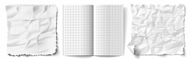 Poster - Blank white checkered and lined sheets of notebook paper isolated on transparent background. Modern realistic illustration of memory notes, message notes and memory notes with crumpled wrinkled