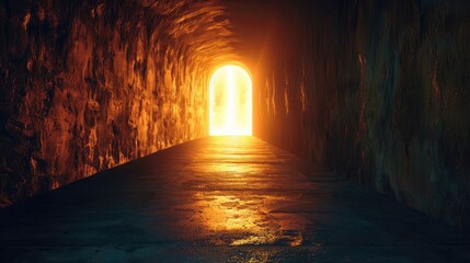 Poster - Abstract image of a dark tunnel with a glowing open door at the end, representing the journey from darkness to light