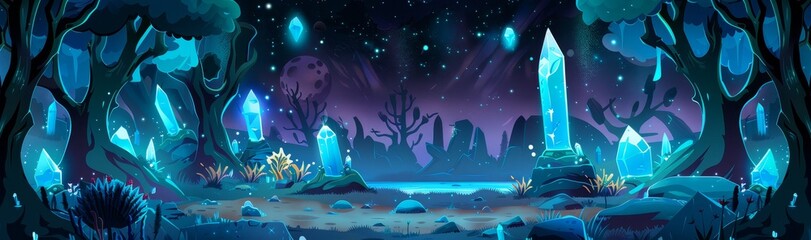 Wall Mural - An abstract rendering of a Halloween graveyard at night with spooky tombstones, a tree silhouette and an image of a magic light mystery panorama. A 2D illustration of a helloween comic game concept.