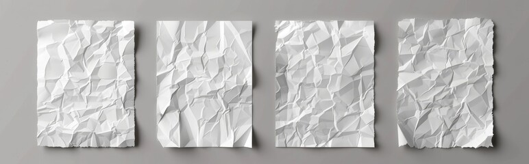 Poster - The mockup is made up of a crumpled paper mockup with wrinkles. A realistic modern illustration set of creased blank vertical sheets. A rough folded cardboard banner template with rumpled surface.