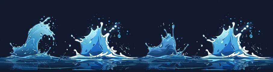 Poster - Water wave splashes isolated on a white background. Modern illustration of blue sea, ocean liquid spill with drops, surfing motion effect, fountain stream, swimming adventure design elements.