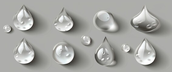 Poster - This illustration shows realistic condensation water tears with a white reflection design. An isolated modern droplet is on a transparent background. A 3D clear glass drop texture set. A liquid wet