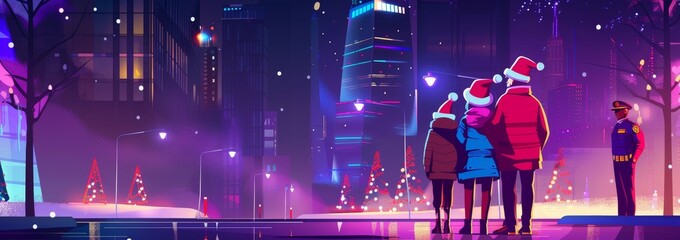 In a city night with neon glow, two kids in Santa hats stand in front of a large mall, surrounded by police officers and thumbs up signs. Cartoon modern illustration of guard and protection.