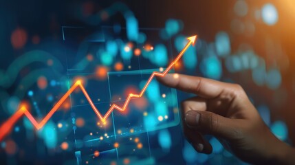 Poster - Businessperson's hand pointing at a digital graph arrow moving upward, signaling positive momentum and advancement