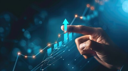 Poster - Businessperson's hand pointing at a digital graph arrow moving upward, signaling positive momentum and advancement
