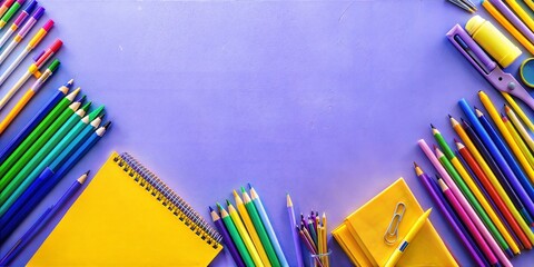 Wall Mural - Vibrant assortment of school supplies, including pencils, notebooks, and scissors, neatly organized on a bright purple surface, background with copy space