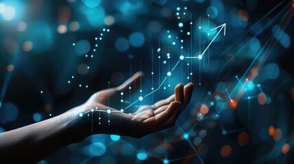 Poster - Close-up of a hand gesturing towards a digital chart arrow pointing upwards, illustrating success and improvement in performance