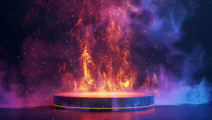 Poster - A round podium with flames on it, surrounded colorful smoke and stars. The background is dark purple, creating an atmosphere of mystery and fantasy. In the center there is space for text or product pr