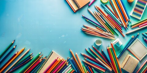 Wall Mural - Array of colorful school supplies, including pencils and notebooks, neatly organized on a bright blue backdrop with copy space, ideal for educational themes