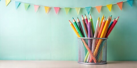 Wall Mural - Array of multicolored pencils inside a metal holder with ribbon, against a warm background with copy space