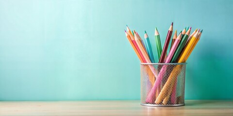 Wall Mural - Mesh pencil holder with assorted colorful pencils set against a soft blue background with copy space, symbolizing school supplies organization