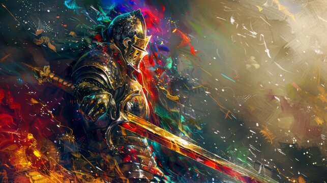 A colorful painting of a knight wielding a sword