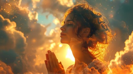 Wall Mural - Double exposure of woman praying with folded palms on sky background, prayer