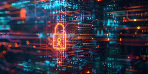 Poster - Digital background featuring cyber security, with an orange and blue color theme, in the futuristic tech style, a glowing padlock with data flowing in the air, with a hologram effect, blurred digital 
