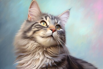 Wall Mural - Portrait of a smiling american bobtail cat isolated in pastel or soft colors background