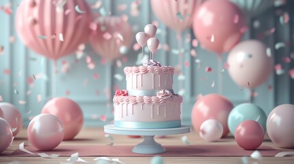 Two-tiered birthday cake with pink frosting and balloons.