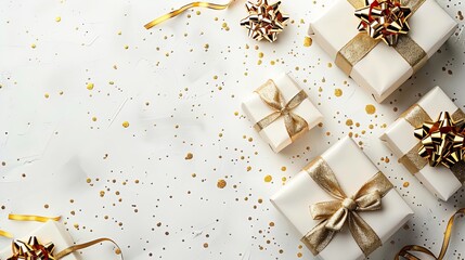 Elegant white gift boxes with gold ribbons and confetti on a white background.