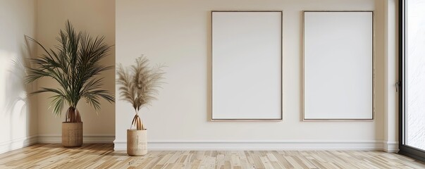 Wall Mural - Minimalist Interior with Two Empty Frames, frame mockup, 3d render, 3d illustrations.