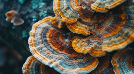 Close-up of organic turkey tail mushrooms growing naturally in a forest, showcasing their unique shape and vibrant colors