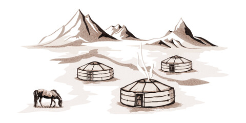 Wall Mural - Yurt - nomad's dwelling, horse grazing, life in Central Asia, sketch on a white background, vector illustration