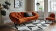 © DARIKA - A chic, modern rug with a bold geometric pattern, adding a touch of drama and style to the living room floor. shiny, Minimal and Simple,