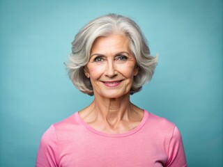 Wall Mural - Portrait of a beautiful elderly senior woman with grey hair, wearing a pink t-shirt, showcasing healthy skin and dental care on a blue background, happy, beauty, elderly, senior, model