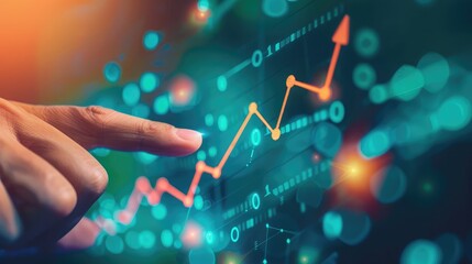 Poster - Hand of a data analyst pointing at a digital chart arrow showing upward trends, highlighting positive data insights and growth opportunities,