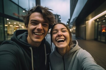 Wall Mural - young couple happy and surprised expression. city background