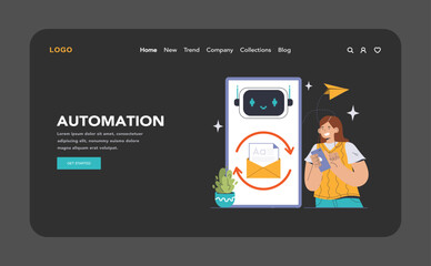 Poster - digital automation dark or night mode web, landing. woman holding
