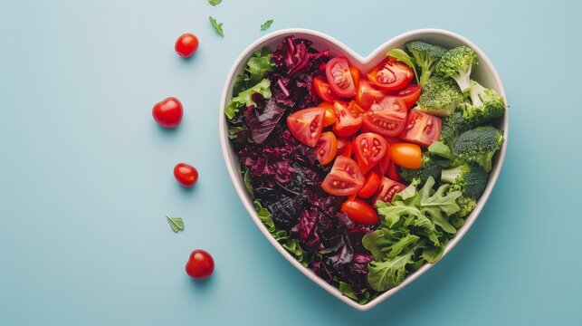 Diet food for health with heart bowl on solid background