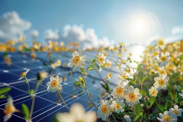 Vibrant field of white daisies illuminated by sun with solar panel structure in background, blending nature and technology.