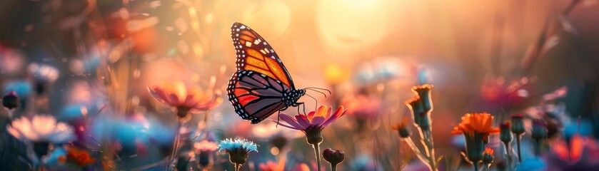 a vibrant butterfly rests on colorful flowers in a dreamy garden illuminated by a warm sunset, captu