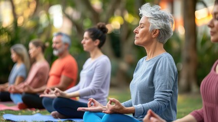 Wall Mural - Middle-aged women and men in a yoga class, seated on mats in a park, focusing on mindful breathing exercises