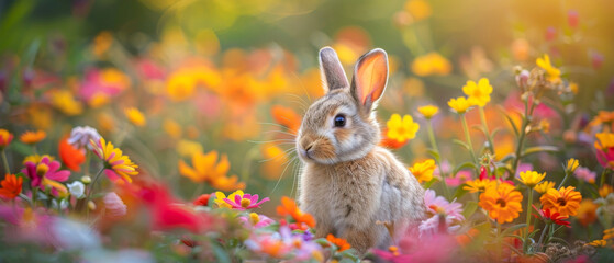 Adorable rabbit sitting in a colorful, vibrant flower meadow, capturing a peaceful moment in nature with bright, beautiful blossoms.