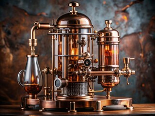 Wall Mural - Steampunk coffee maker machine with intricate brass and copper details, steampunk, coffee maker, machine, brass, copper, vintage, retro, gadget, steampunk design, technology, mechanical