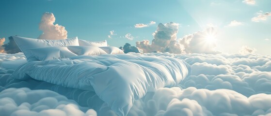 Canvas Print - a soft bed with white sheets and pillows floating above the fluffy clouds