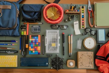 A top-down view of a school bag with its contents including a geometry box and various school supplies spread out.