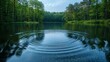 © DARIKA - A serene lake surrounded by trees, with ripples on the water surface subtly interlaced with glowing particles, highlighting the symbiotic relationship between nature and atomic energy. shiny, Minimal